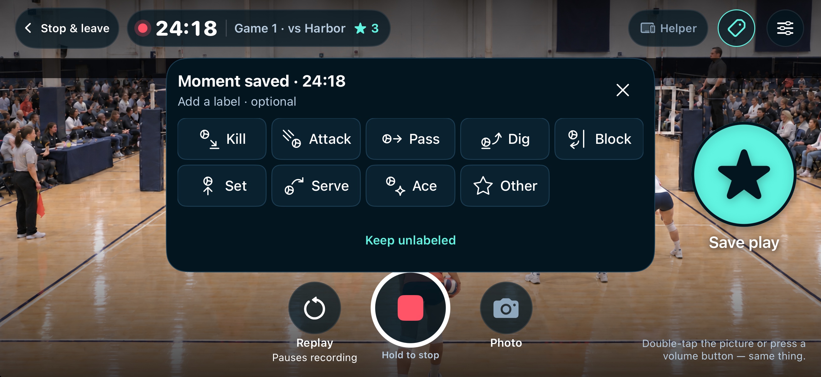 Native optional label chooser with Kill, Attack, Pass, Dig, Block, Set, Serve, Ace, Other and Keep unlabeled