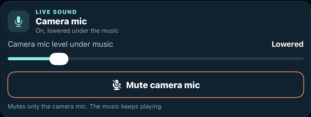 Native camera microphone level and Mute camera mic controls, separate from music