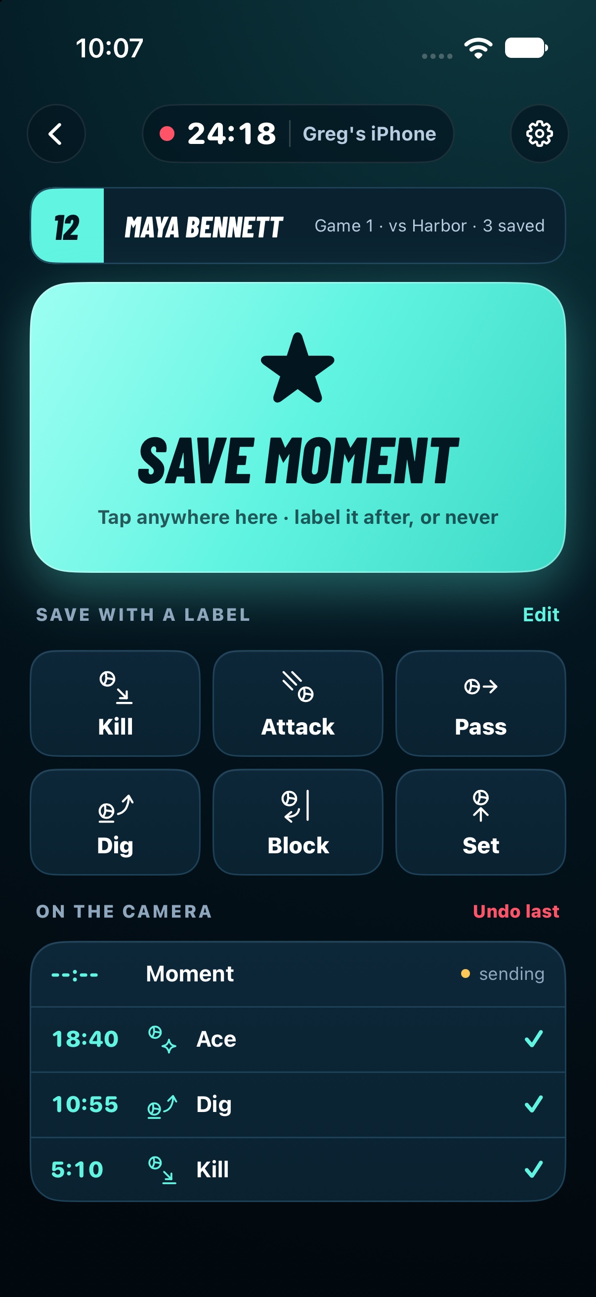 Native iPhone helper with Save moment, the new geometric volleyball labels and saved timeline