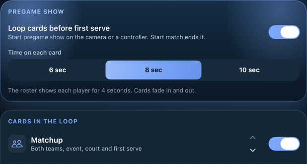 Native preshow timing with 6, 8 and 10 second choices, and card ordering controls
