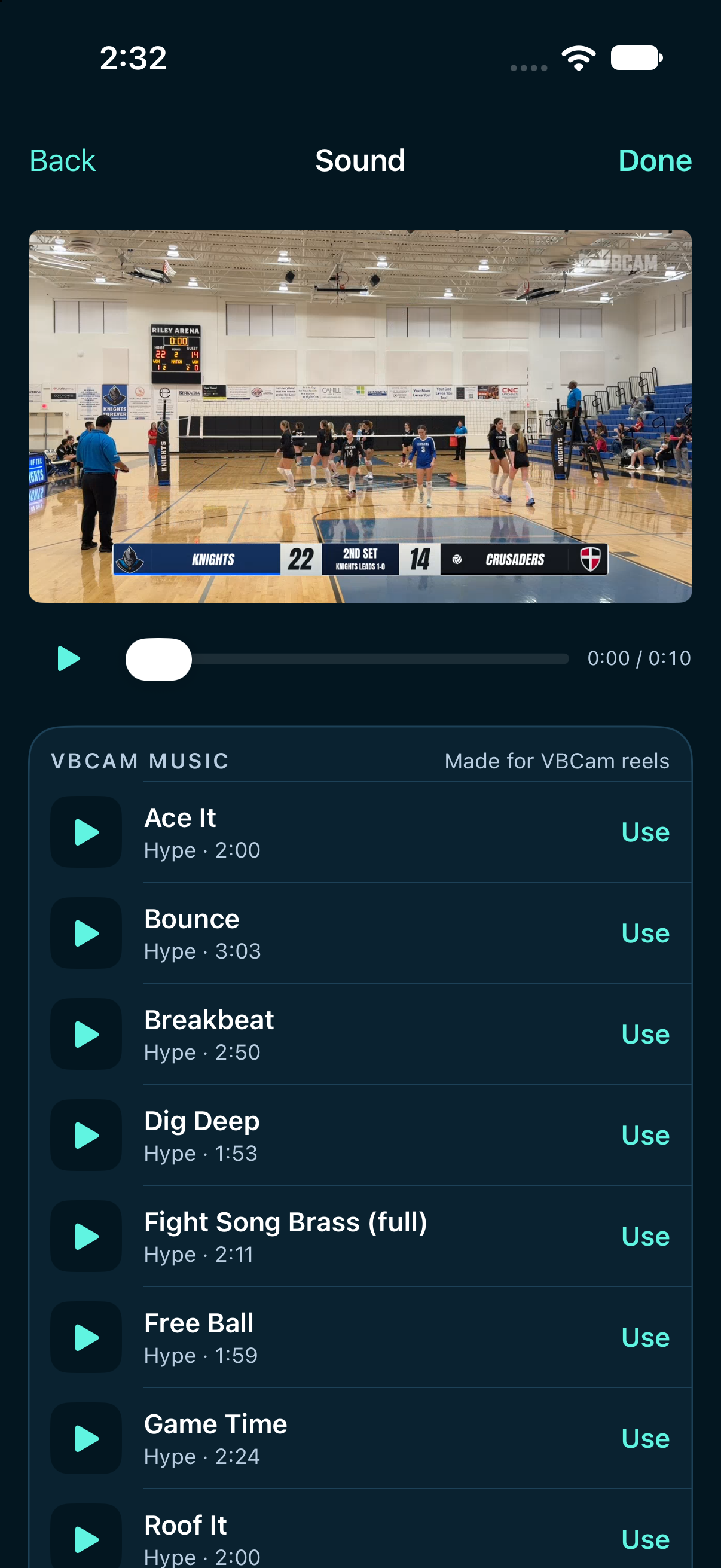 Native VBCam Music library with Ace It, Bounce, Breakbeat, Dig Deep, Fight Song Brass and Free Ball