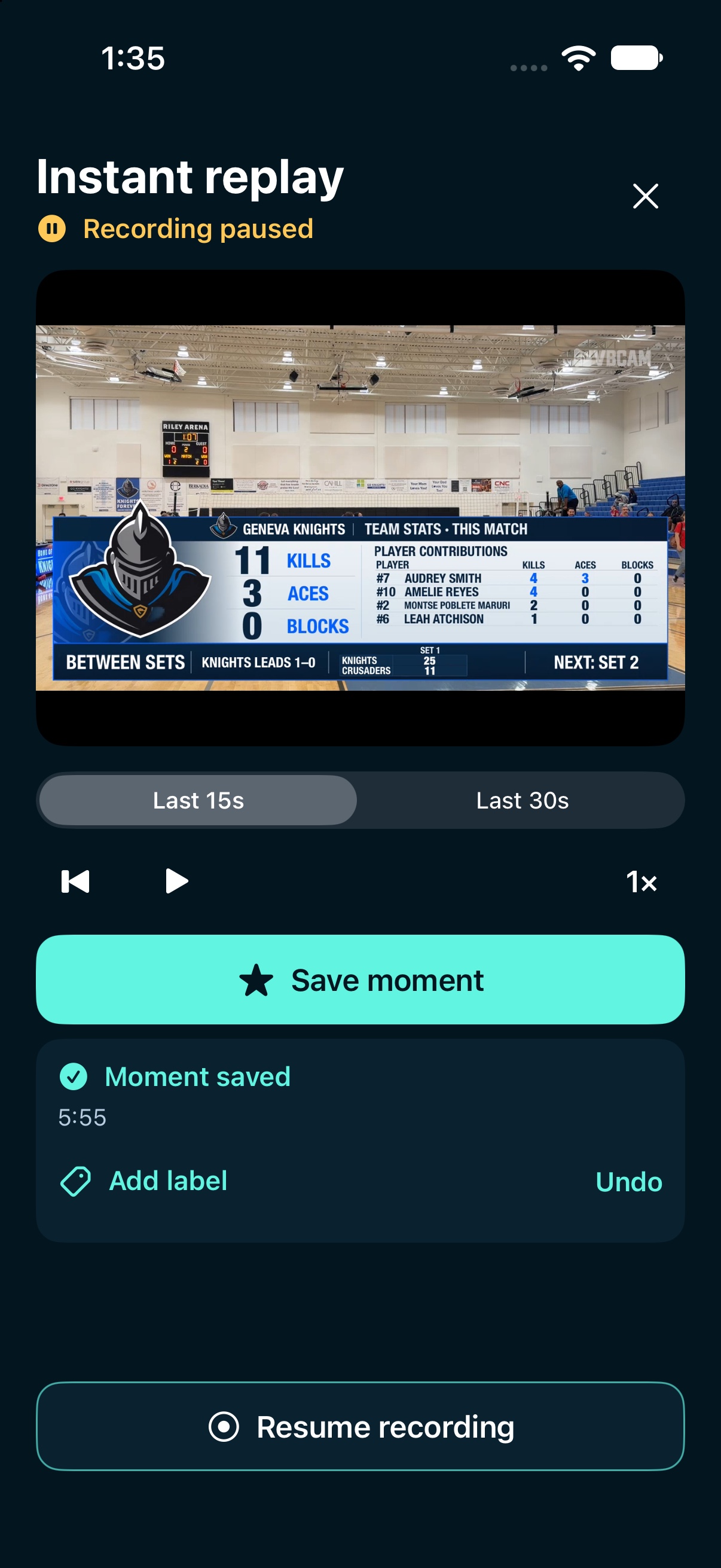 Native Game Replay controls: Last 15s or Last 30s, playback and speed, Save moment, Add label, Undo and Resume recording