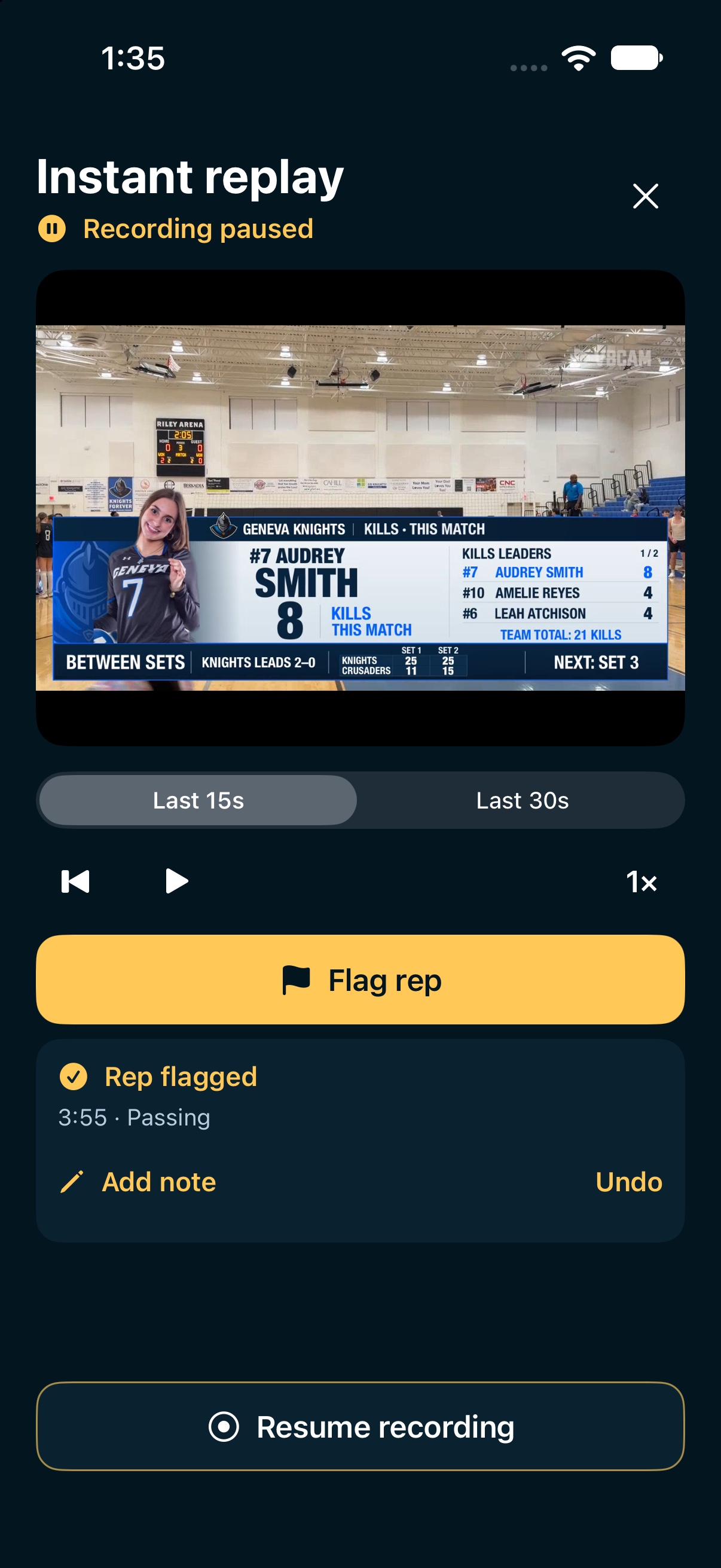 Native Practice Replay controls: Last 15s or Last 30s, playback and speed, Flag rep, Add note, Undo and Resume recording