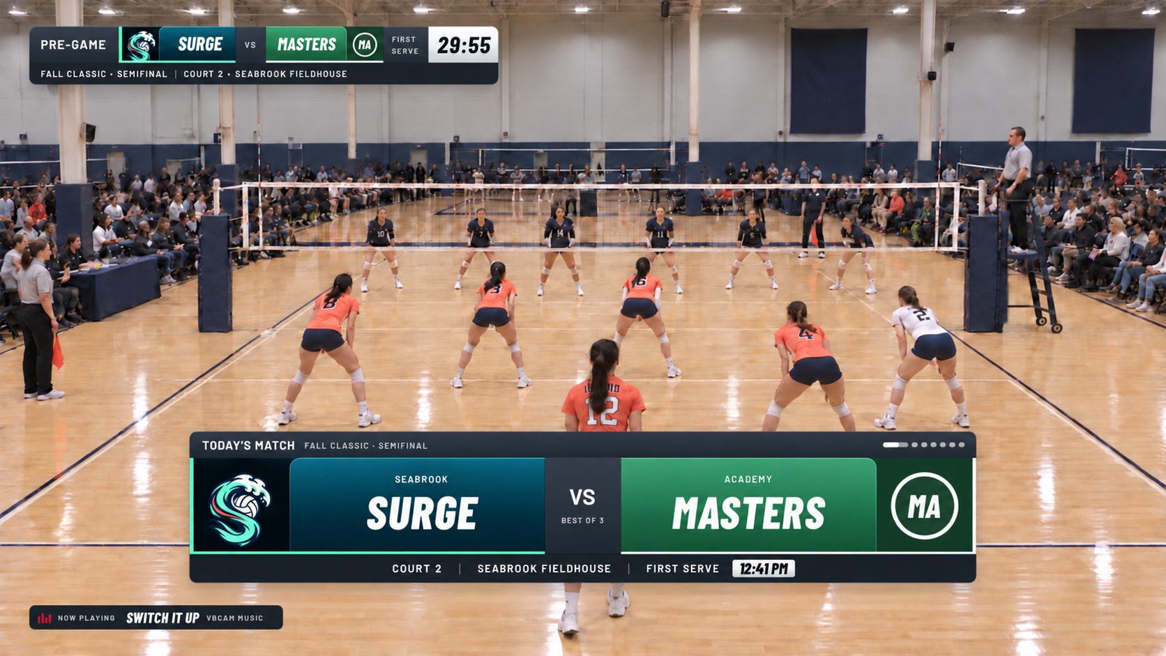 Seabrook Surge preshow with matchup card, first-serve countdown and Now Playing