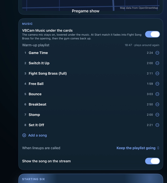 Native warm-up playlist with eight songs, lineup music choice and Show the song on the stream